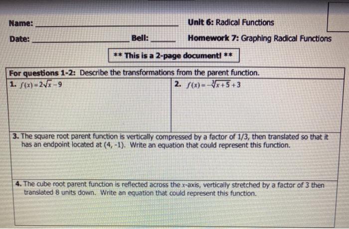 Unit 6 radical functions homework 1 nth roots simplifying radicals